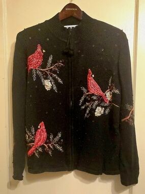 Heirloom Collectibles Black Cardinal Sweater Zip Front Sequined Embroidered M
